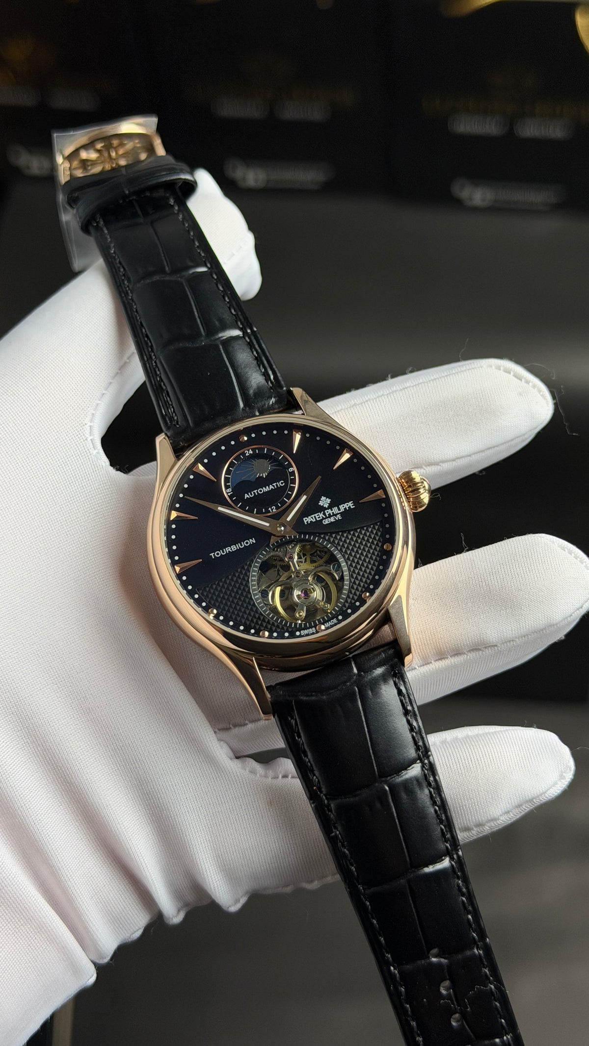 Rose Gold with Black Dial.
