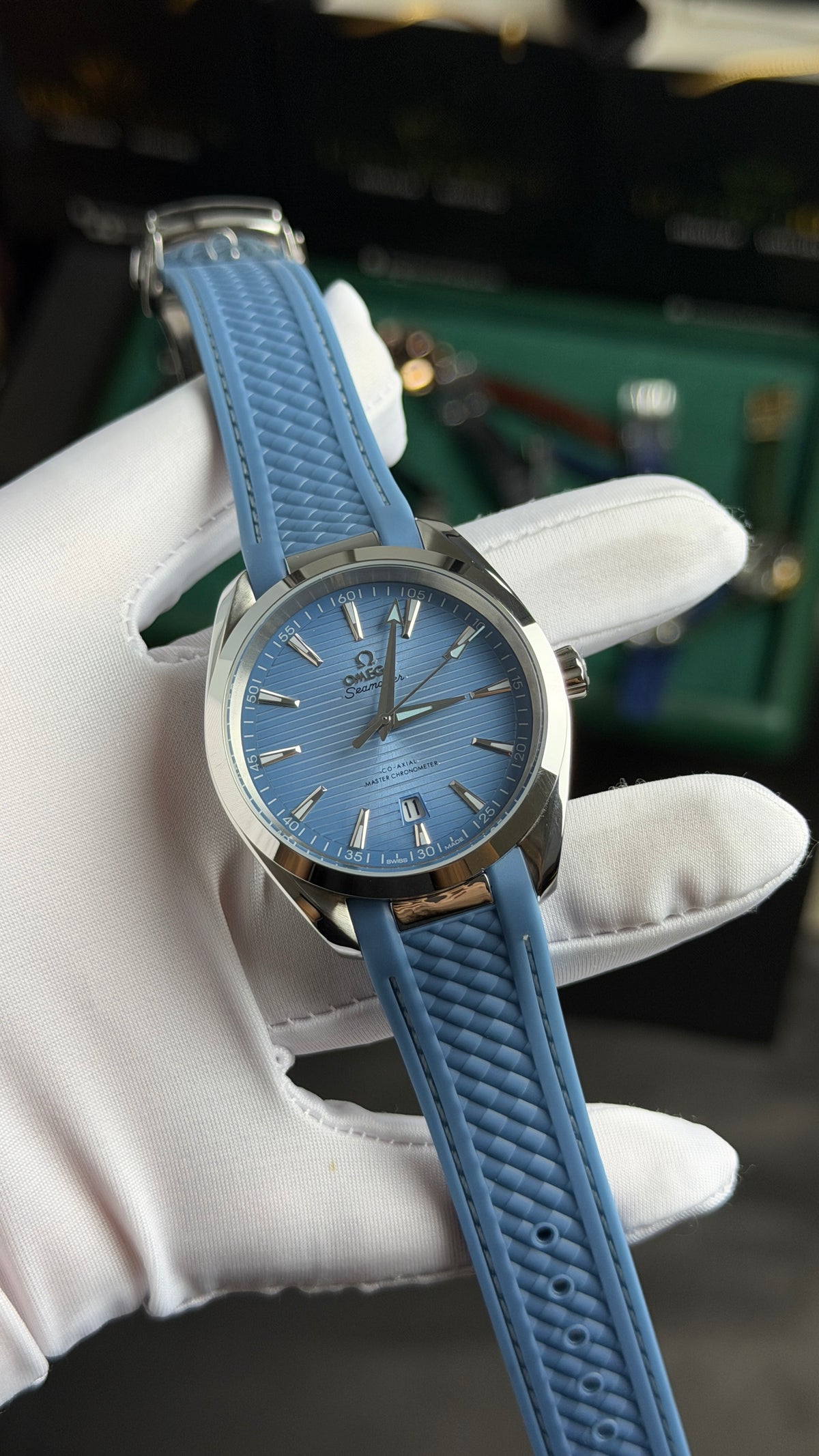 Silver with Sky Blue Dial.