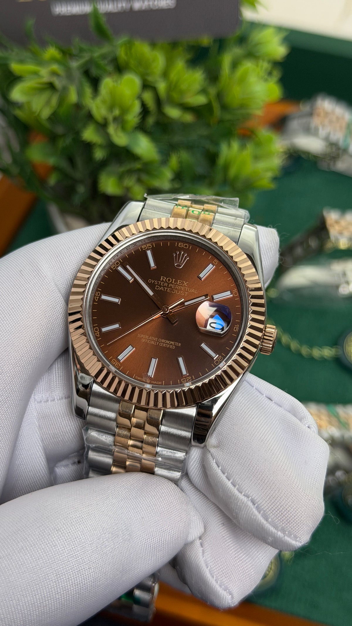 Rose Gold Two Tone with Chocolate Dial.