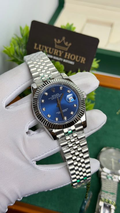 Silver with Blue Dial.