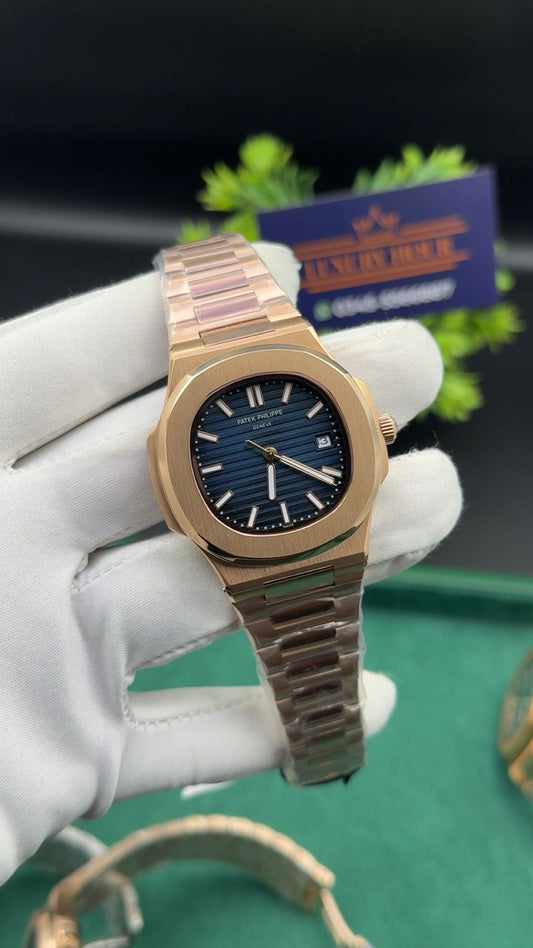 Rose gold with blue dial