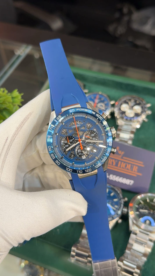 Silver with blue dial