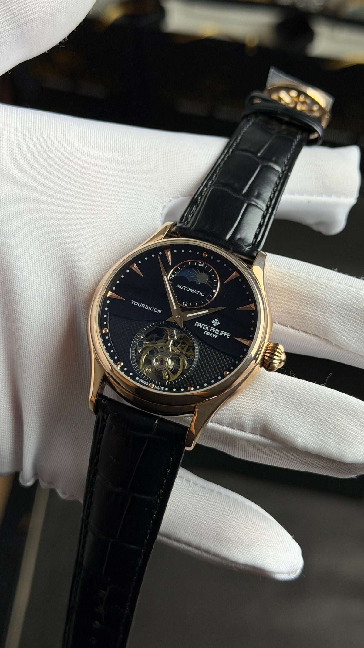 Rose Gold with Black Dial.