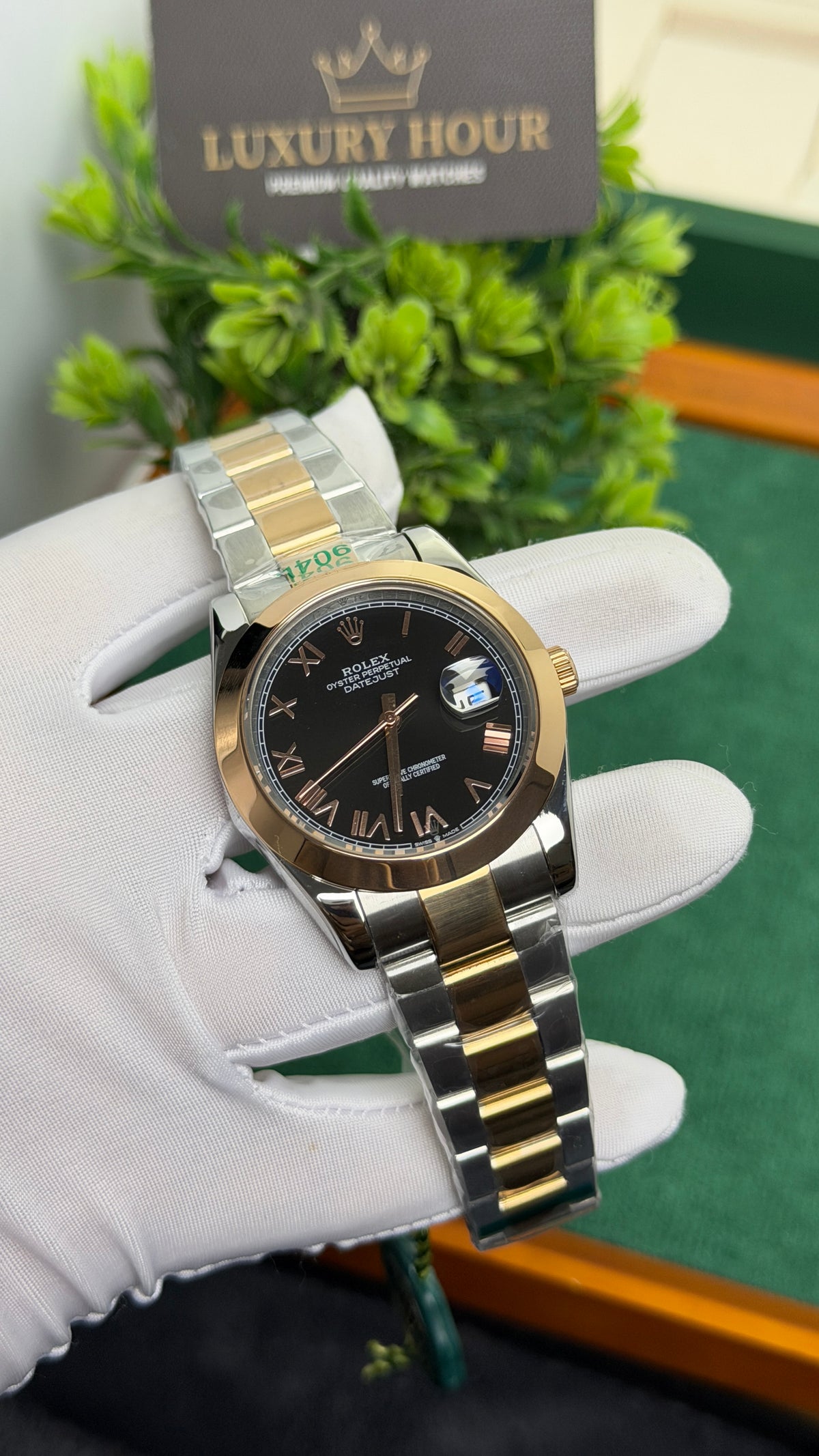 Rose Gold Two Tone with Black Dial.