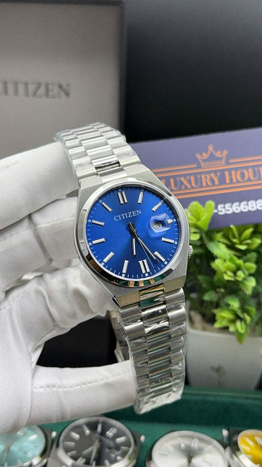 Silver with blue dial