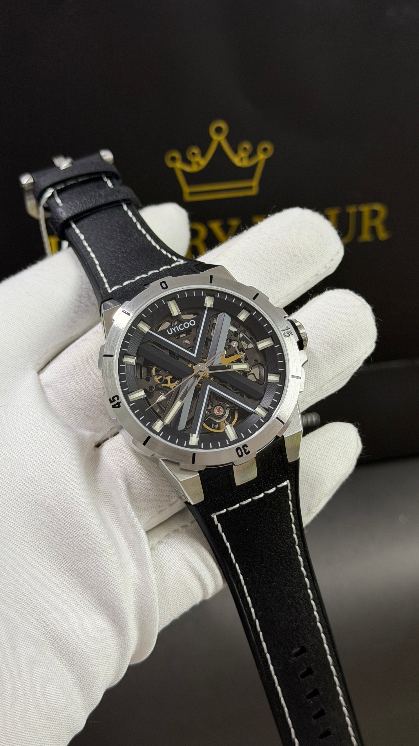 Silver with Black Skeleton Dial.( 100% Original )