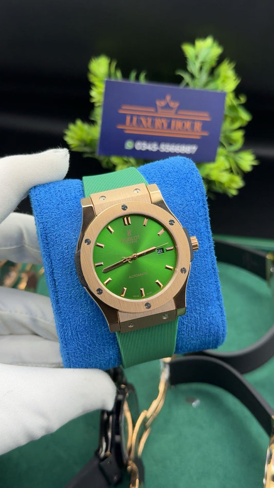 Rose gold with green dial
