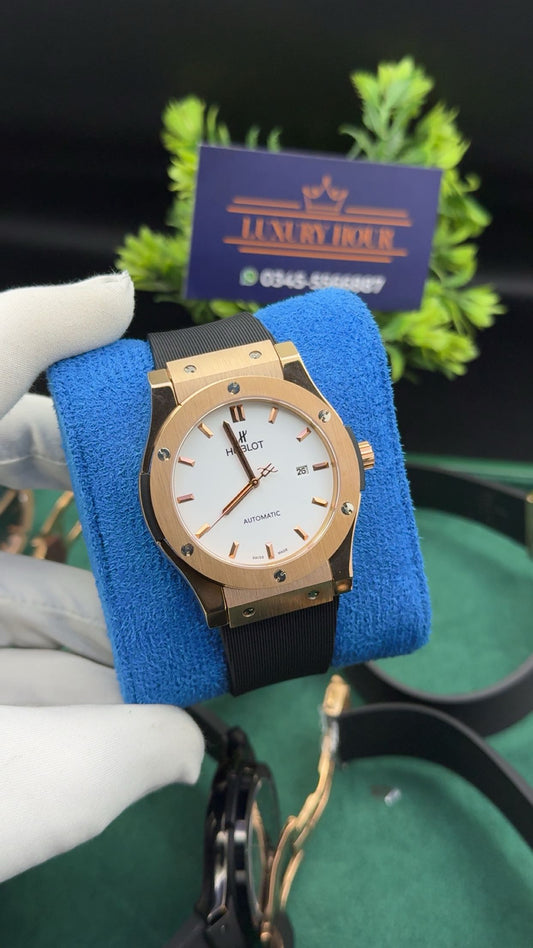 Rose gold with white dial