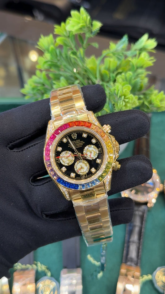 Yellow gold with rainbow stones.
