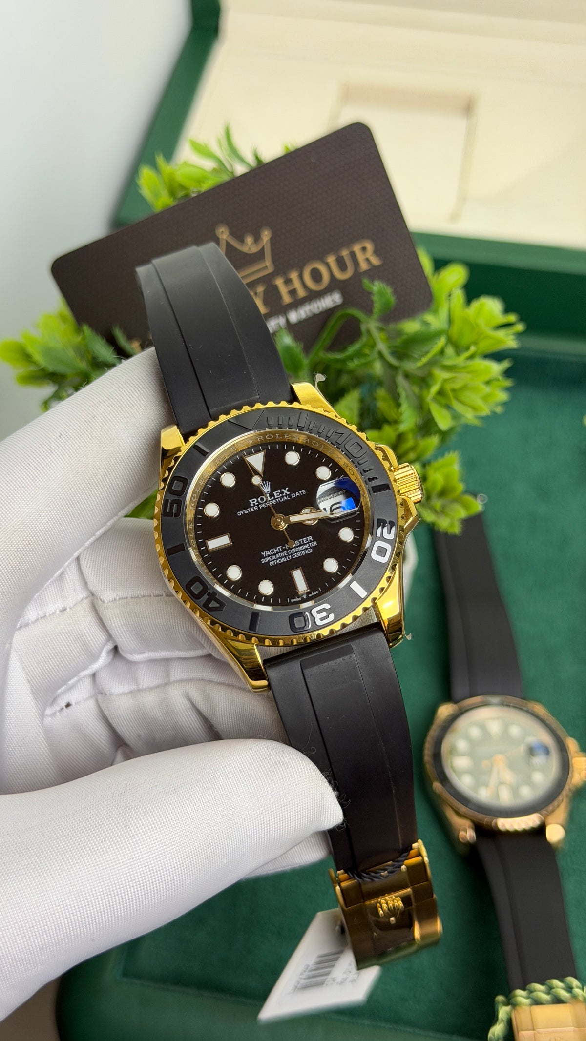 Yellow Gold with Black Dial.