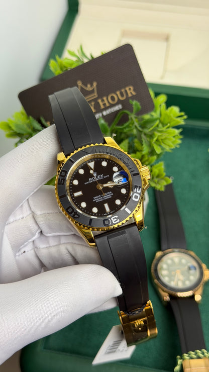 Yellow Gold with Black Dial.