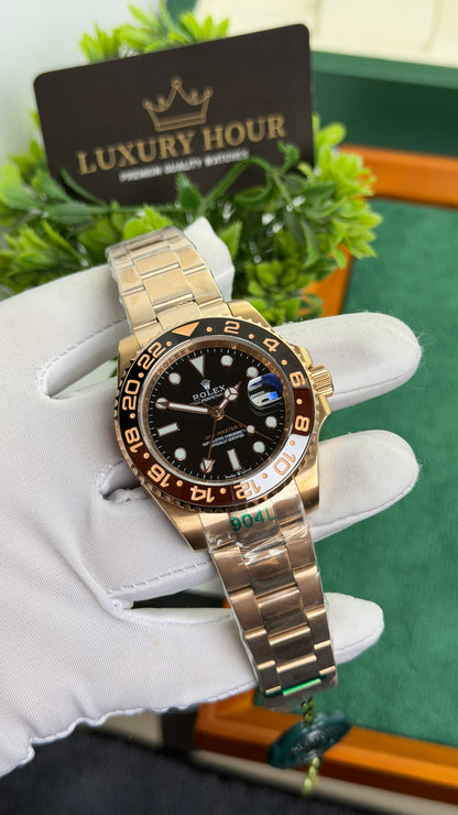 Rose Gold with Black Dial.