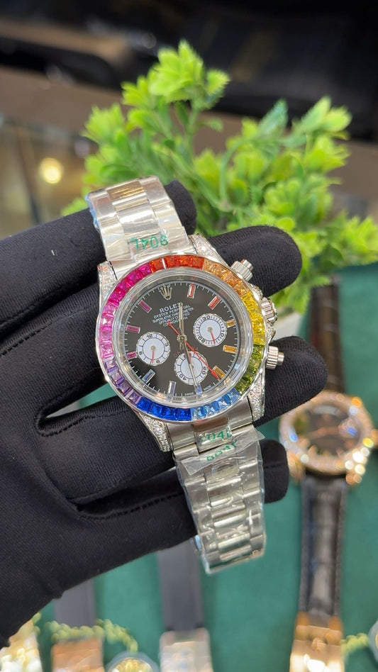 Silver with rainbow stones.