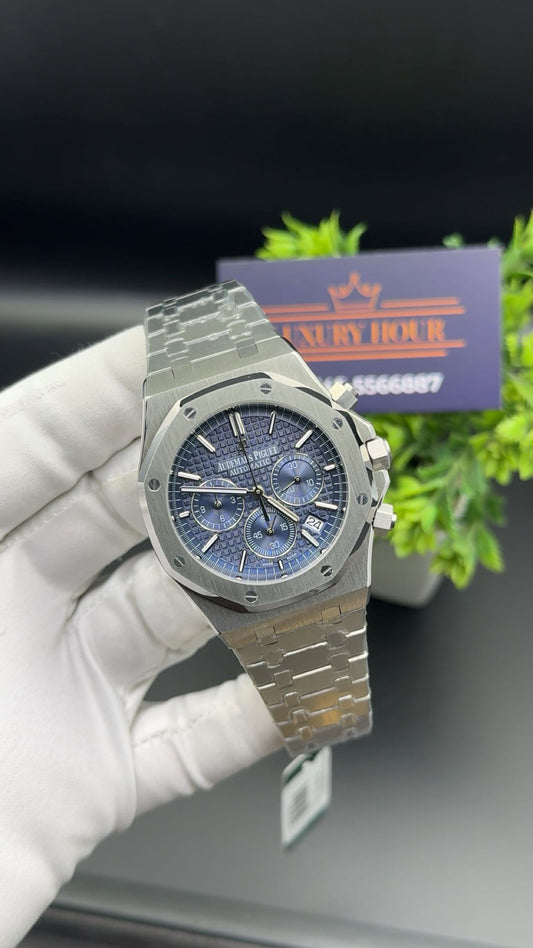 Silver with blue dial