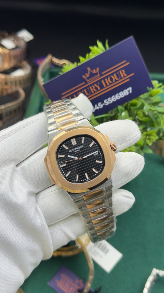 Rose gold two tone with black dial