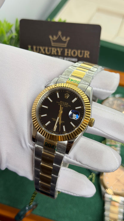 Yellow Gold Two Tone with Black Dial.