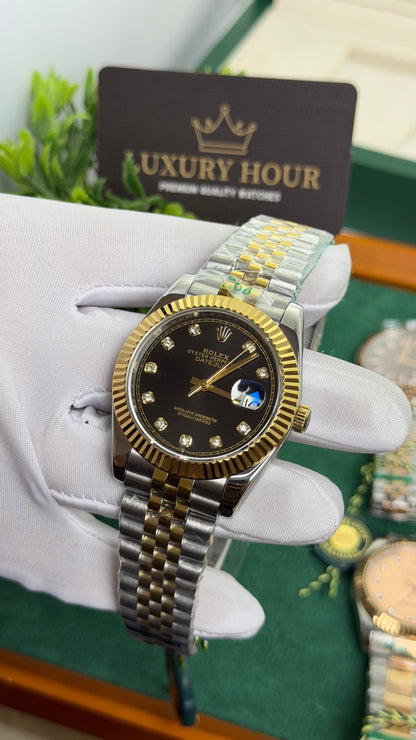 Yellow Gold Two Tone with Black Dial.