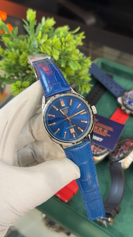 Silver with blue dial