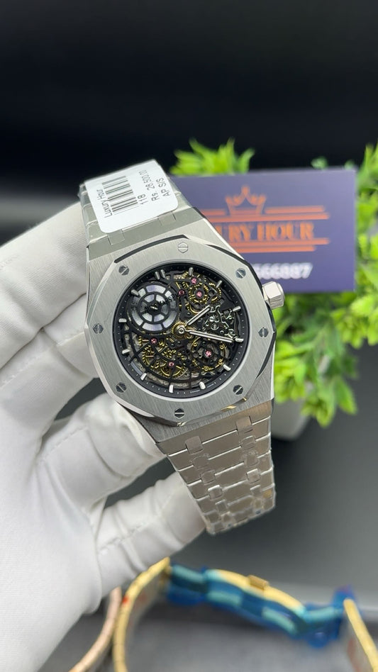 Silver with black dial.