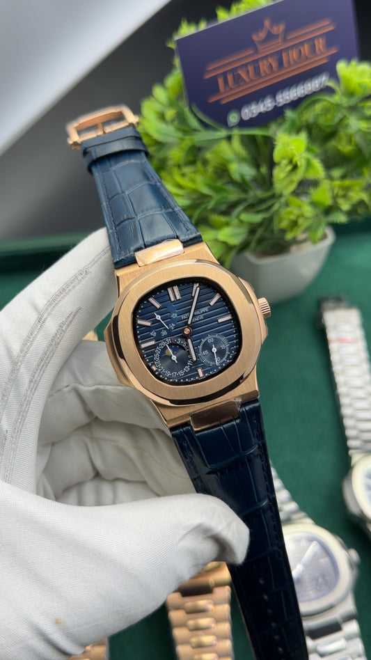 Rose Gold with blue dial