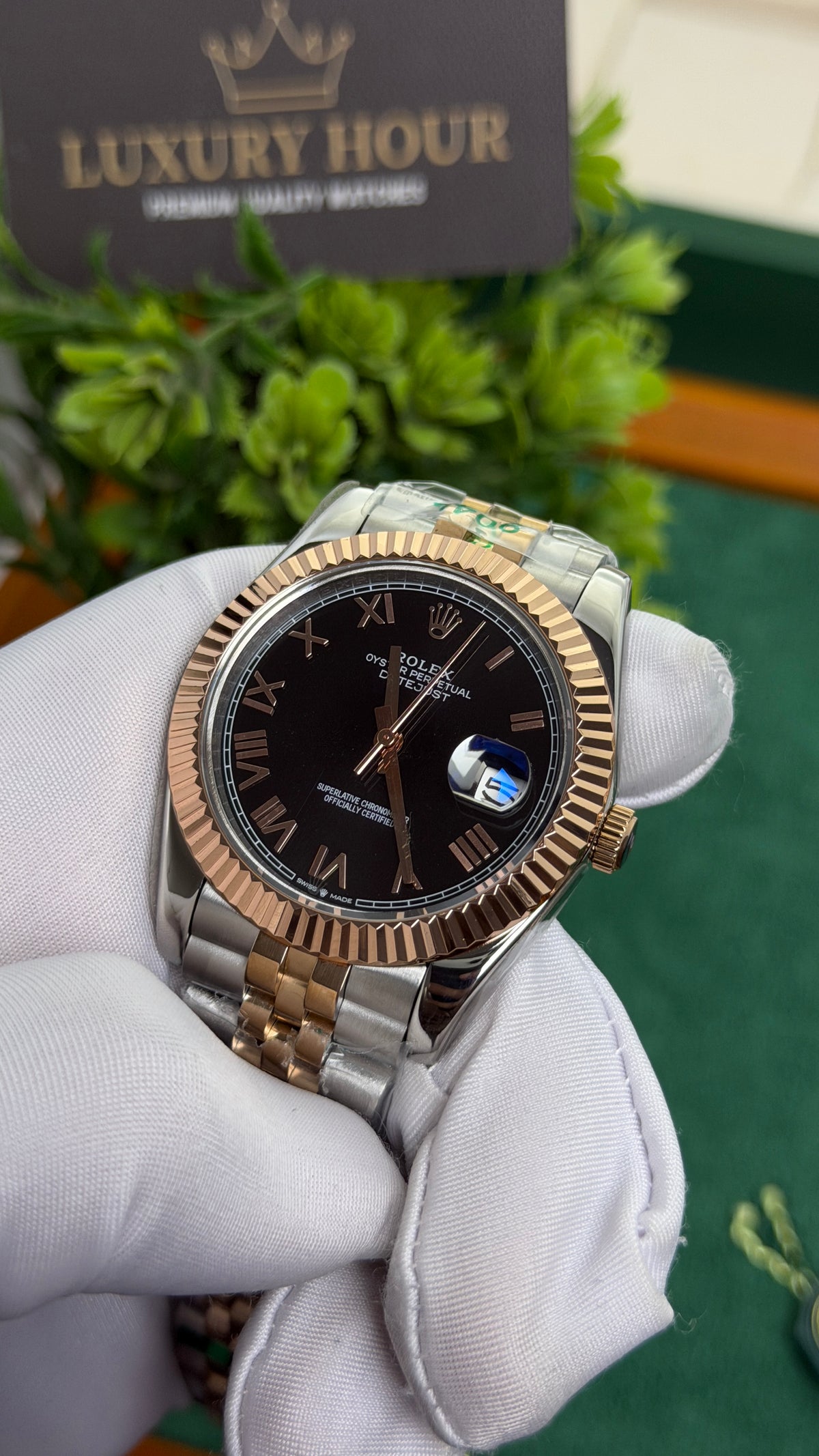 Rose Gold Two Tone with Black Dial.