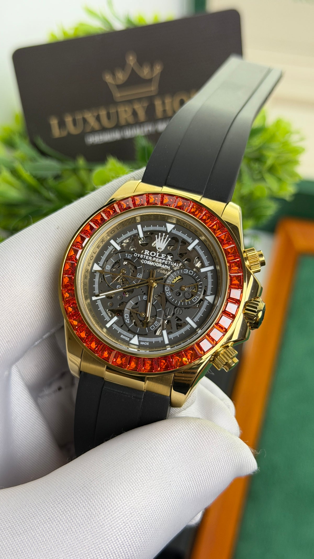 Yellow Gold with Skeleton Dial ( Red Diamond Edition )♦️