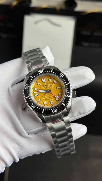 Silver with Yellow Dial.