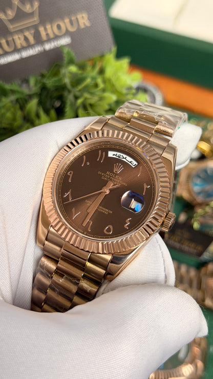 Rose Gold with Chocolate Dial.
