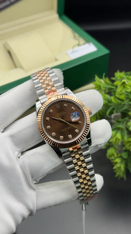 Rose gold two tone with chocolate dial