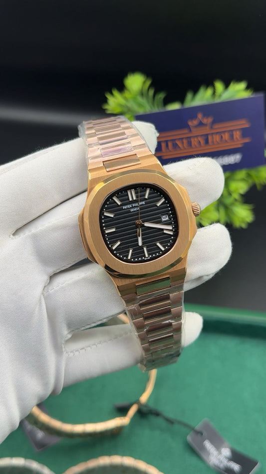 Rose gold with black dial