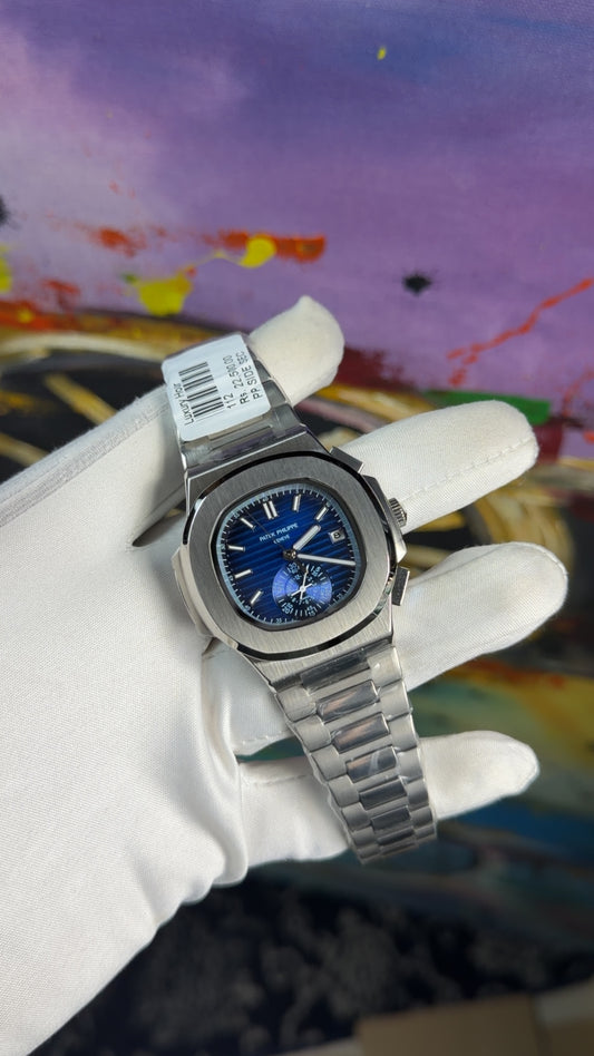 Silver with blue dial