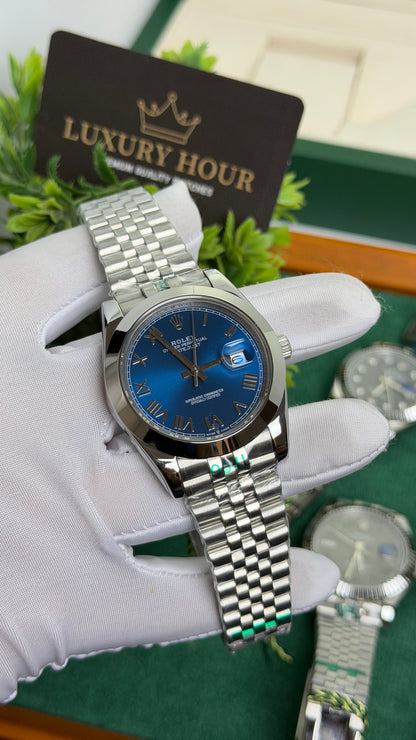 Silver with Blue Dial.