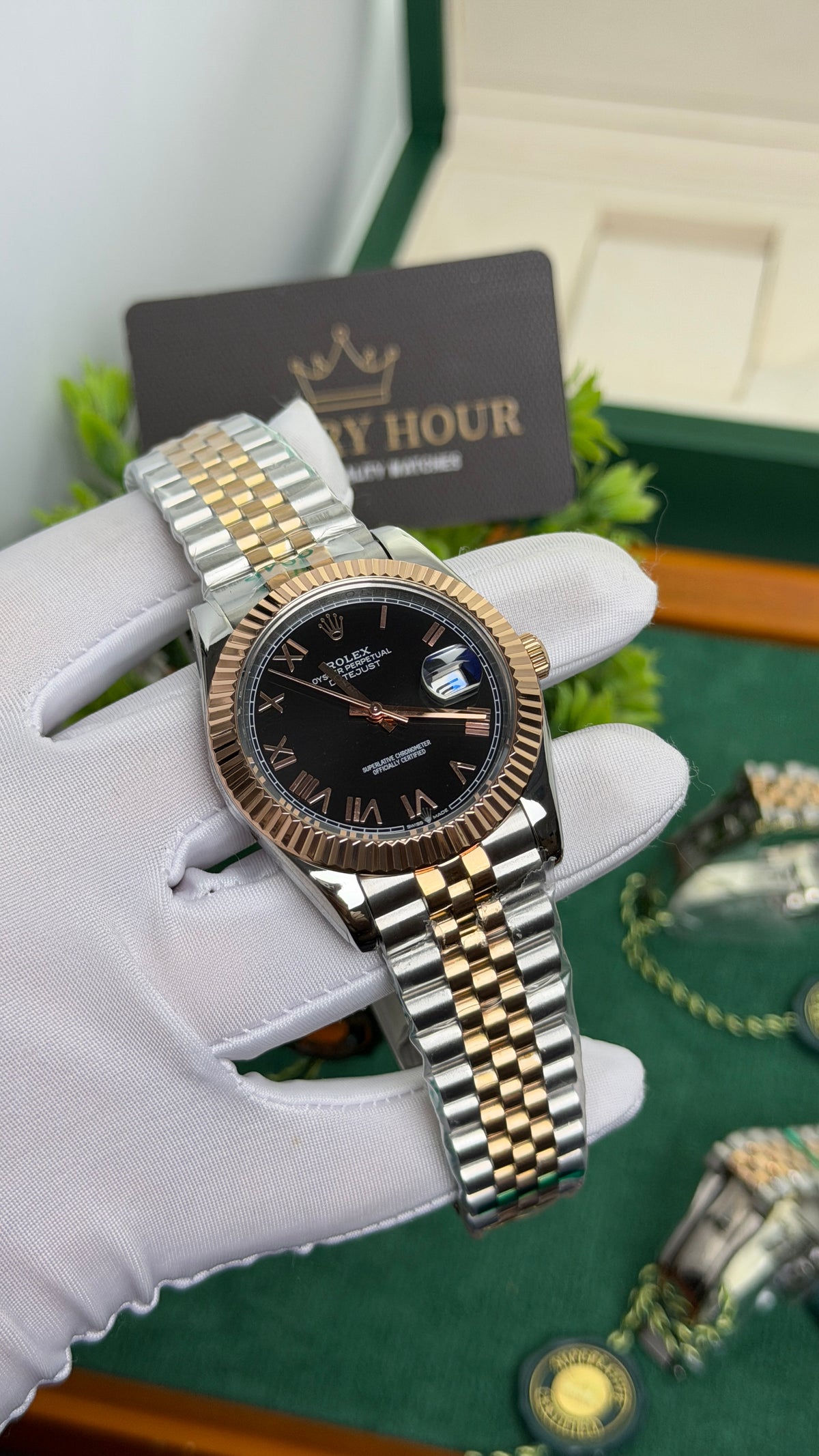 Rose Gold Two Tone with Black Dial.