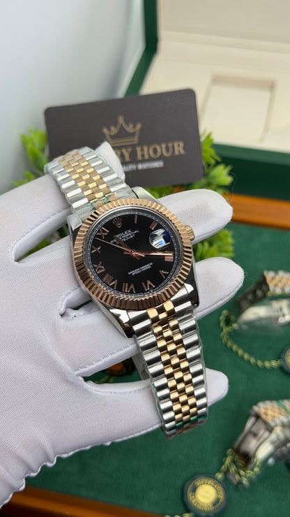 Rose Gold Two Tone with Black Dial.