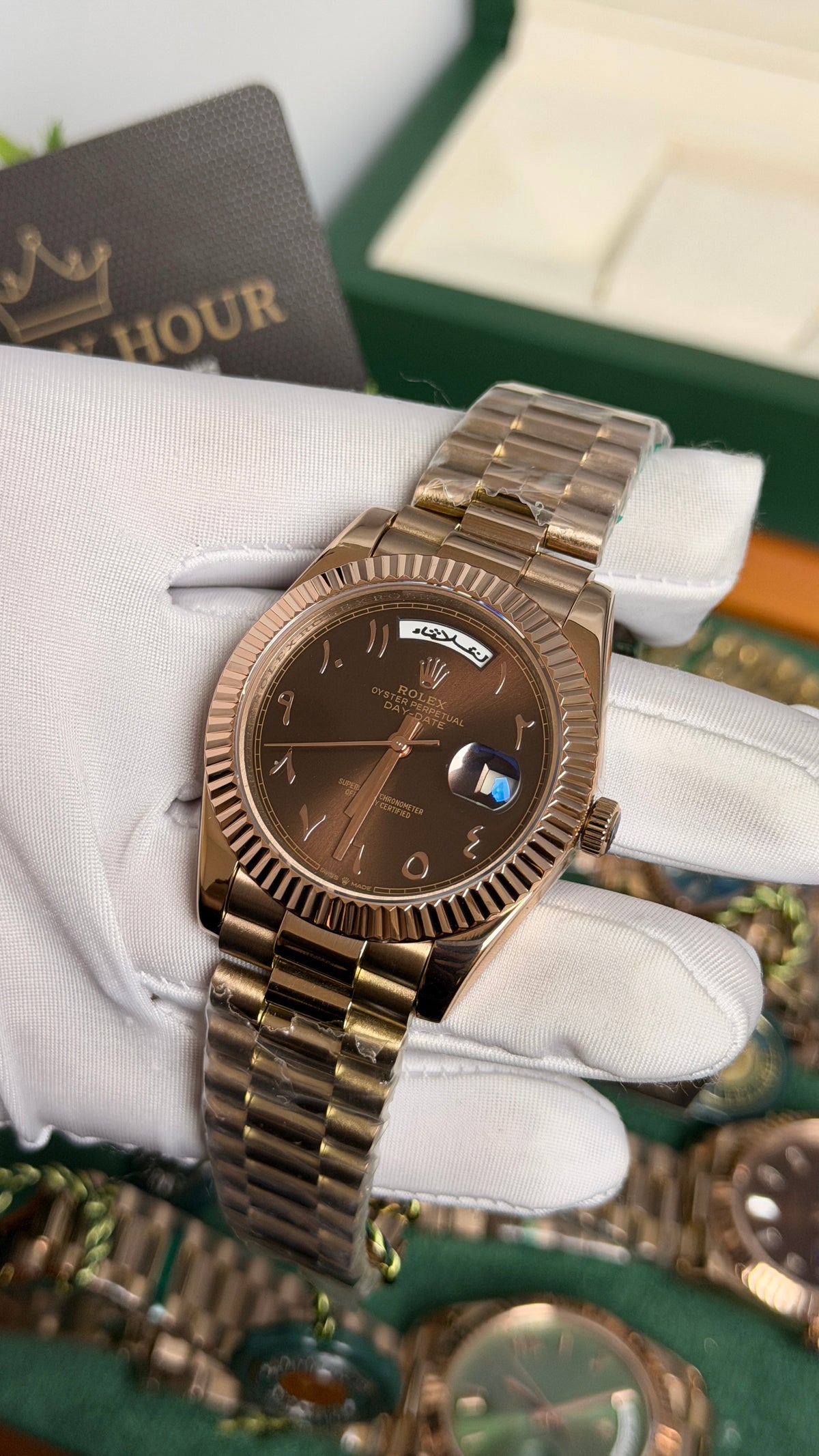 Rose Gold with Chocolate Dial.