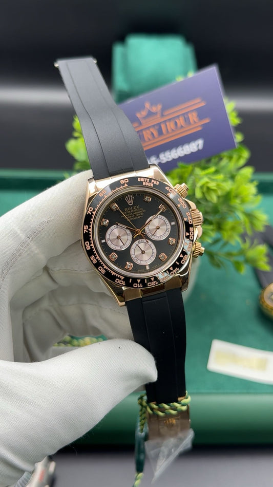 Rose gold with black dial