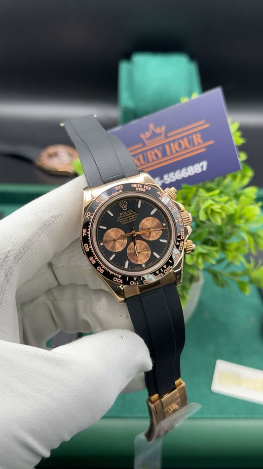 Rose gold with black dial