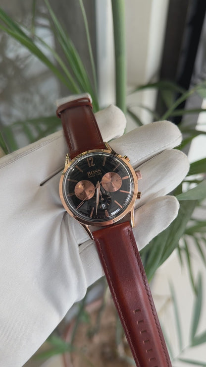 Rose gold with black dial brown strap