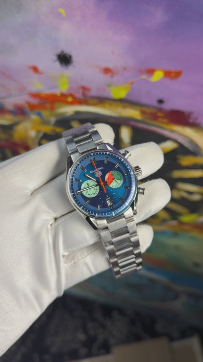 Silver with blue dial