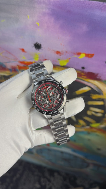 Silver with red dial