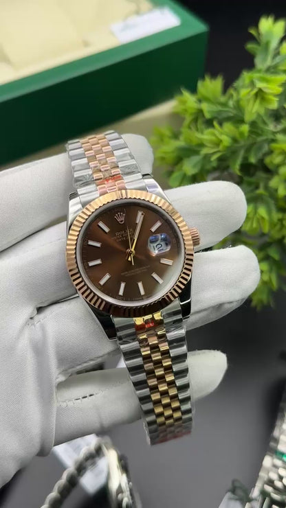 Rose gold two tone with chocolate dial
