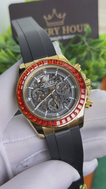Yellow Gold with Skeleton Dial ( Red Diamond Edition )♦️