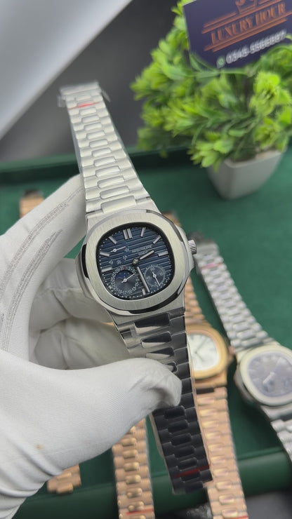 Silver with blue dial
