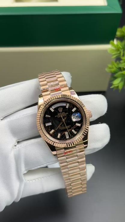 Rose Gold with black meteorite dial