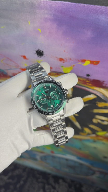 Silver with green dial