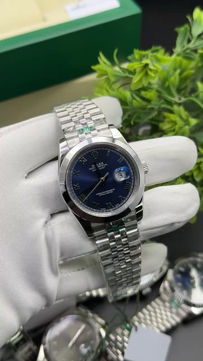 Silver with blue dial