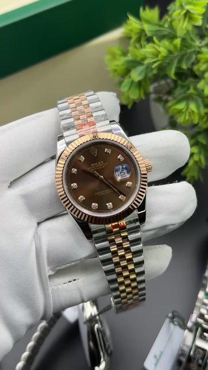 Rose gold two tone with chocolate dial