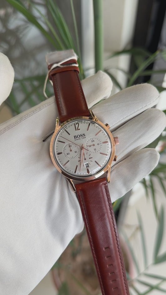 Rose gold with white dial brown strap