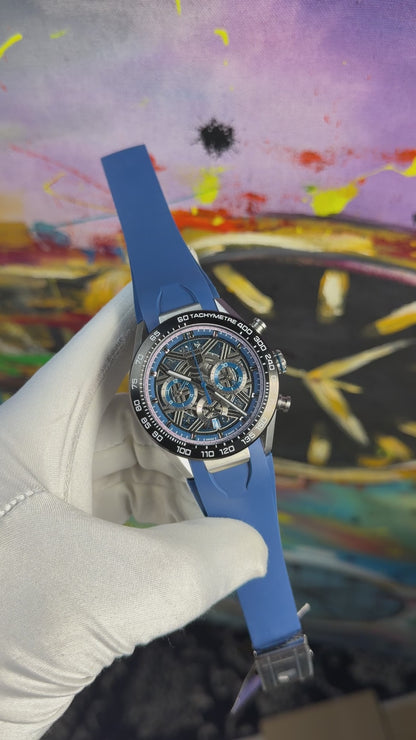 Silver with blue dial