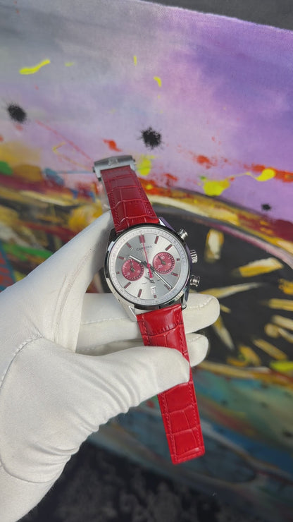 Silver with white dial and red strap